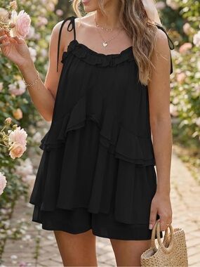 Black Ruffle Tiered Spaghetti Strap Romper